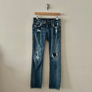 Silver Jeans Tuesday Low Baby Boot Distressed Lace Embroidered Pockets W29/L33